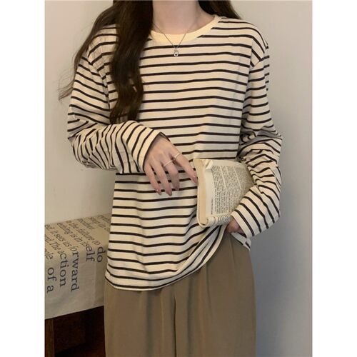Crewneck T-shirt Women's Loose Slimming All-match Striped Ca