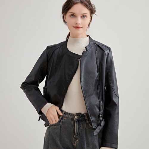2026 Women's Stand llar Slim Fit Pu Washed Leather Motorcycl