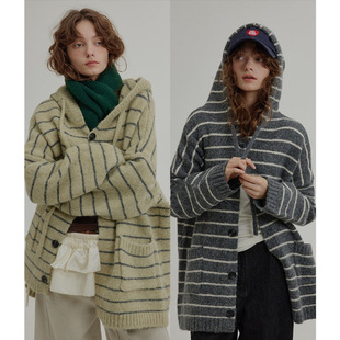 Versatile ntrasting lor Striped Hooded Knitted Cardigan For