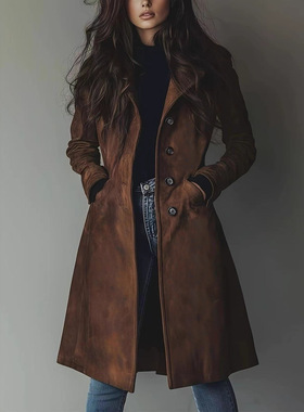 Women's Jacket Lapel Western Style Suede Long Jacket