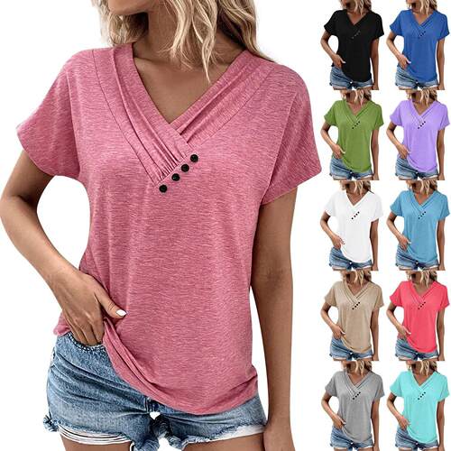 Women's Casual V-neck Short Sleeve T-shirt Pleated Solid lor