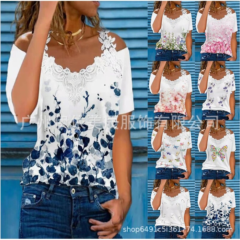 312#2022亚马逊欧美跨境女装夏季新款V领蕾丝花边漏肩短袖休闲T恤
