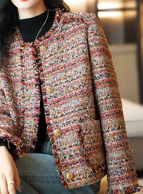 Exquisite tassel tweed style short top with checked  2025