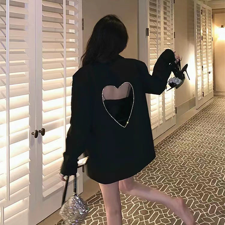 Designed Diamond Backless Hollow Black Blazer For Women With-封面