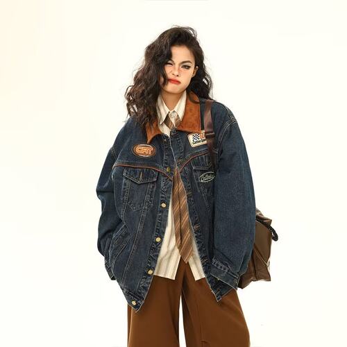 Blue la American Retro Embroidered Denim Jacket Women's Loos