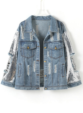 Women's Loose Ripped Sequined Denim Jacket 19102