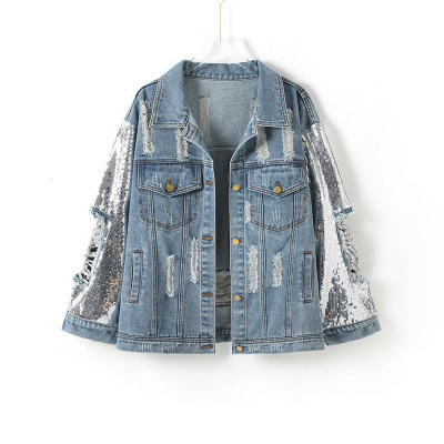 Women's Loose Ripped Sequined Denim Jacket 19102