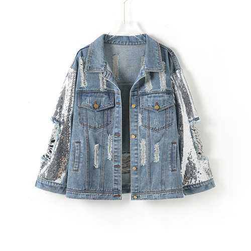 Women's Loose Ripped Sequined Denim Jacket 19102