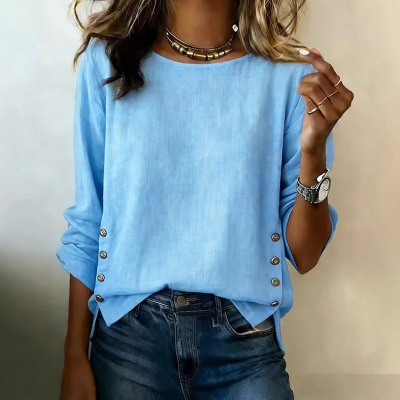 2026 Women's T-shirt Solid lor Round Neck Casual Loose tton