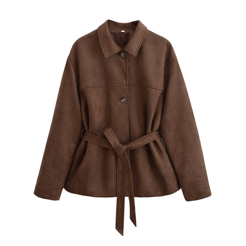 Lace-up Waisted Buckskin Jacket For Women, Retro Medela Casu图片