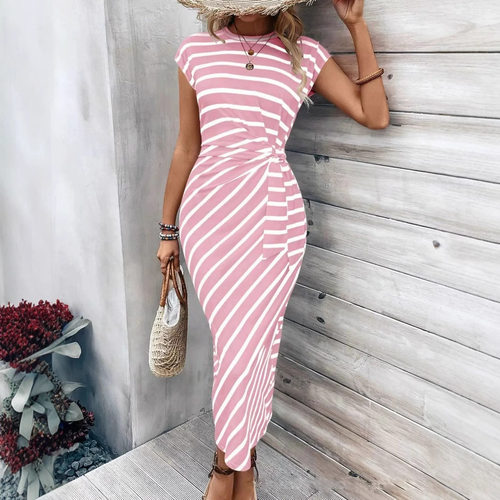 2026 Elegant Waist Strap Striped Crew Neck Short Sleeve Long