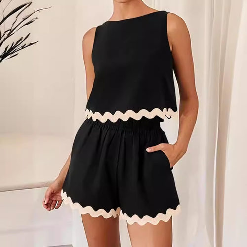 Women's 101300.00g-piece Lace-trimmed Crewneck Vest Short Sh