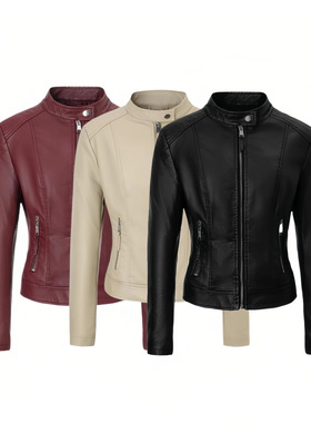 Three-color Stand llar Zipper Leather Jacket Women's Double