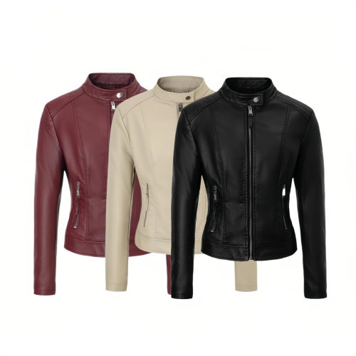 Three-color Stand llar Zipper Leather Jacket Women's Double