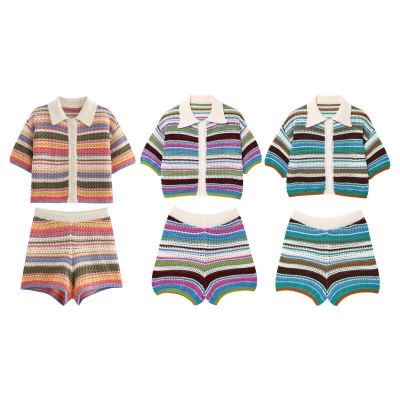 Spot Women's 2025 Crochet Shirt llar Striped Crochet Shorts