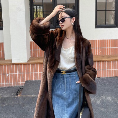 2026 Vintage Mink Coat Caramel V-neck Extra Long Faux Mink F
