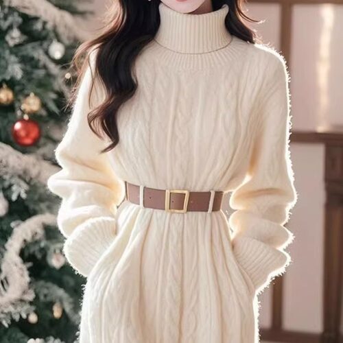 Temperament Socialite Super Pretty High-neck Cable Knit Wome