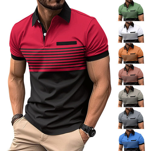 Men's Casual Shirt Fake Pocket Button Print lor-block Stripe