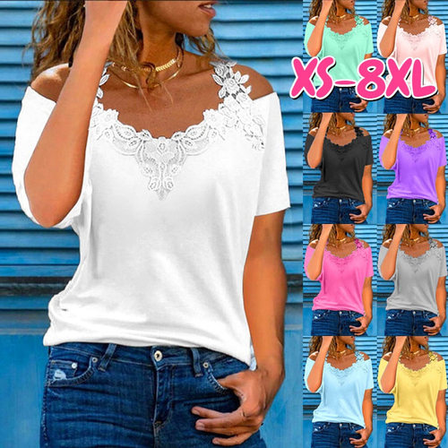 Spot V-neck Stitching Short Sleeve Lace Casual Loose T-shirt
