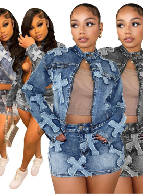 春新款牛仔裙套装F88539现货欧美跨境热卖牛仔刺绣短裙夹克套装