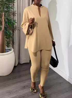 Knitted Suit Pants Solid lor Multicolor Split V-neck Tight P