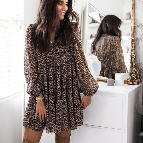 Women's 2026 Loose Leopard Puff Sleeves V-neck Large Swing S