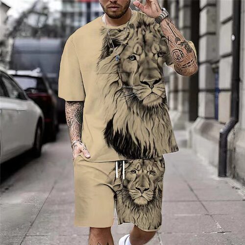 Fashionable Lion-print Men’s 2-piece Sportswear Set: T-shir