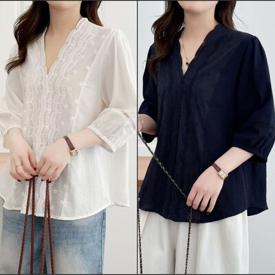 Large Size French Hollow Lace V-neck Loose Slimming Women's