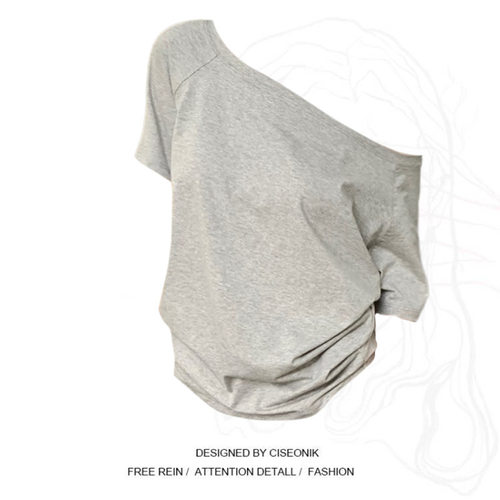 Niche Design Off-shoulder Gray Short-sleeved T-shirt For Wom