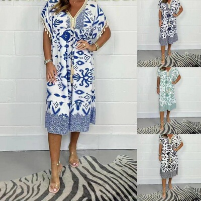 2026 Women's Fashion Printing V-neck Tassel Stitching Casual