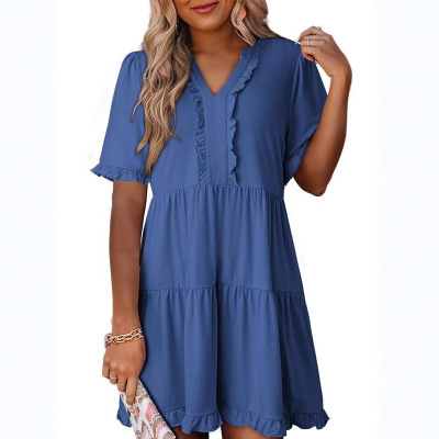 Ruffled Short-sleeved V-neck Layered Large Swing Skirt Women
