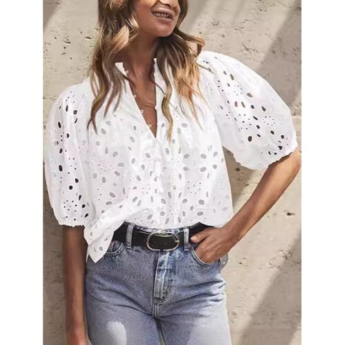 2025夏季时尚休闲蕾丝刺绣衬衫