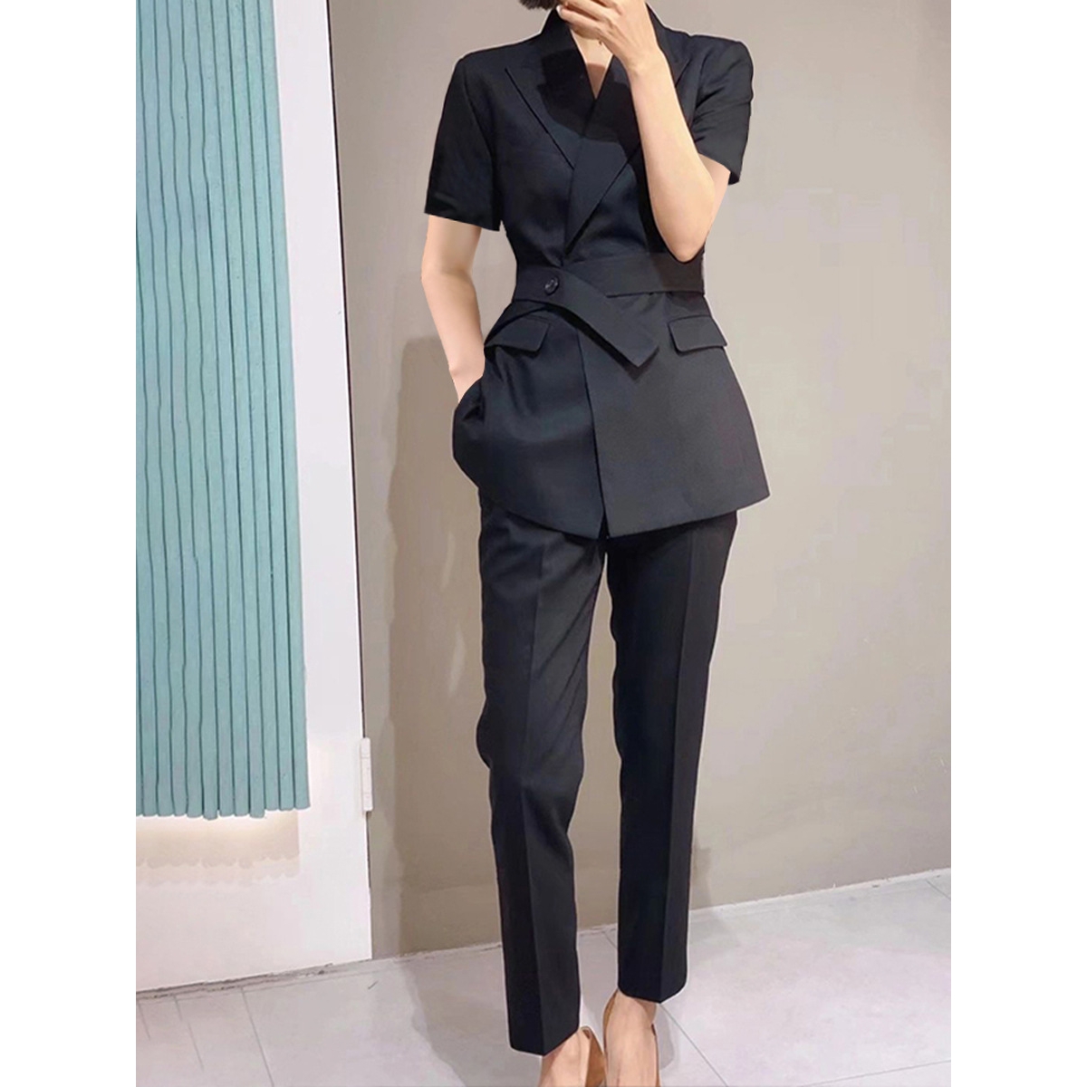 XZ151-夏薄西装小脚裤套装大码女装胖MM短袖职业面试工作服外套