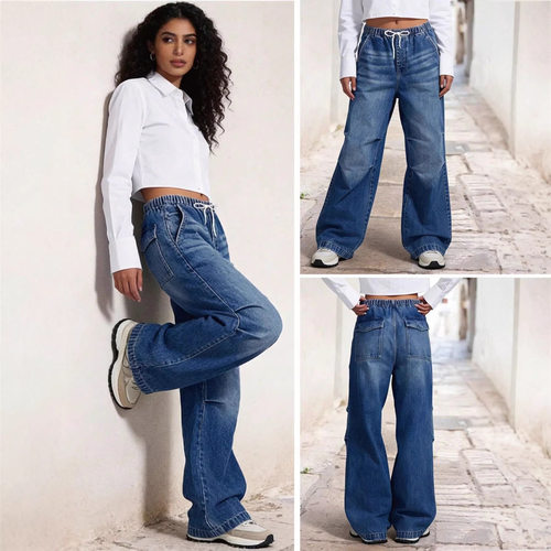 Women's Washed Denim Drawstring Sretch Casual Loose Pants