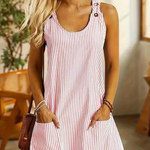 at Station Crewneck Pocket Striped Strap Button Casual Dress