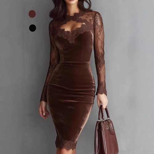 Sexy Lace Perspective Dress Elegant V-side Stitching Waist W
