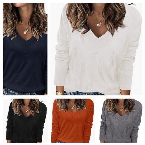 Women's Fashion V-neck Pullover Knitted Ribbed Casual Women