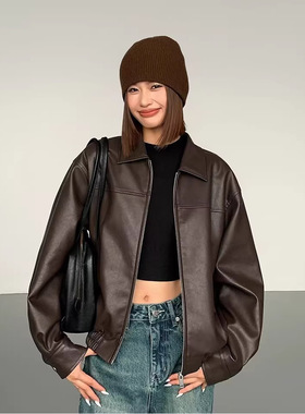 Casual Loose Pu Women's 2026 Hong Kong Style Retro Motorcycl
