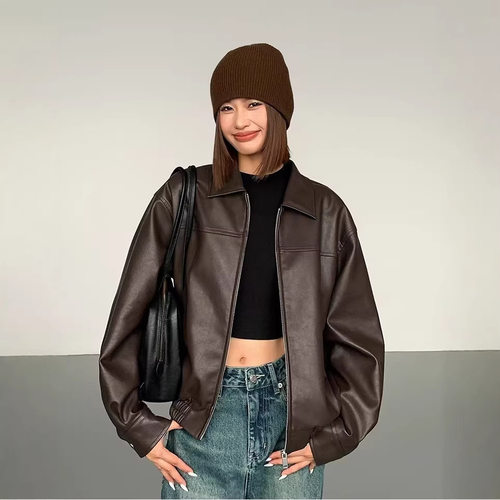 Casual Loose Pu Women's 2026 Hong Kong Style Retro Motorcycl