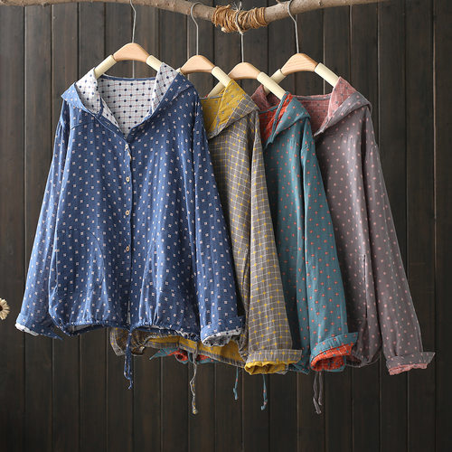 Retro Checkered Dotted Hooded Single-breasted Jacket For Wom
