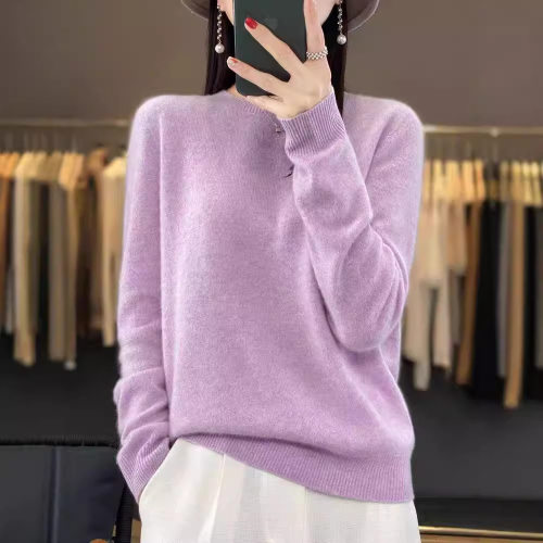 One-line Woolen Sweater For Women, Round Neck Pullover, Loos