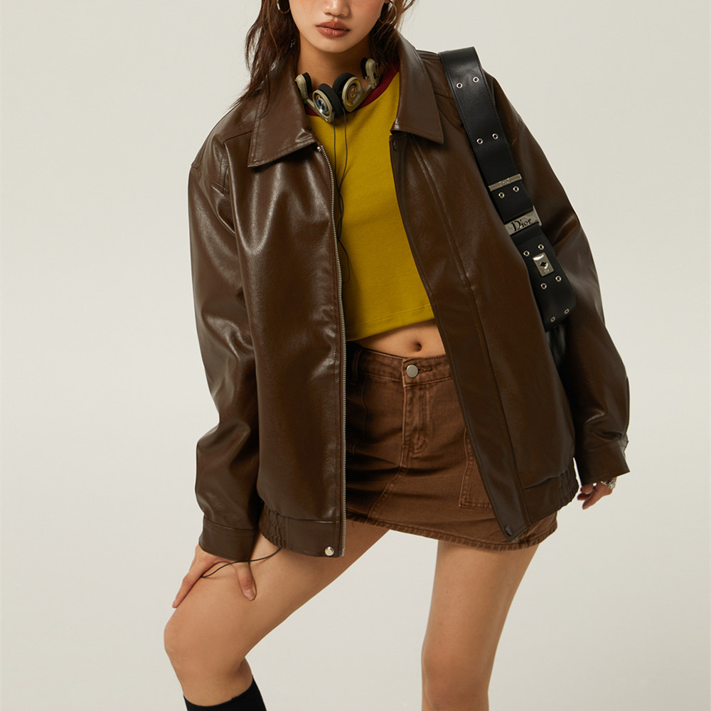 Maillard Brown Motorcycle Jacket Women's 2026 American Retro图片