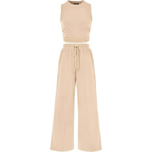 Women's Two-piece Casual Rib Knitted Strapless Wide-leg Pant