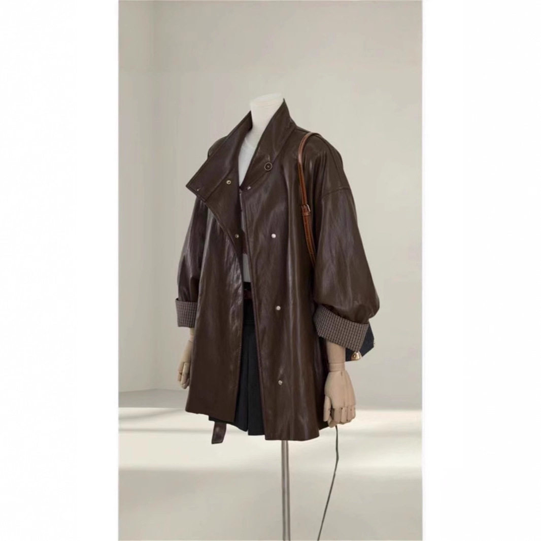 Luxury Brown at Women's 2026 Loose Slim Pu Leather Jacket图片