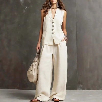 2026 Women's Sleeveless Vest Vest Wide Leg Pants tton And Li
