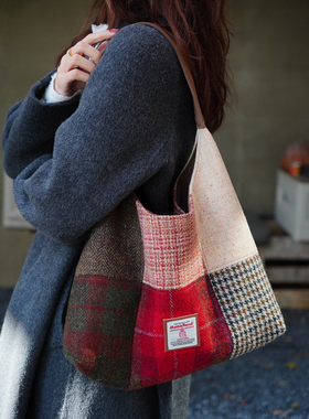 Harris tweed哈里斯花呢拼色单肩包腋下包大容量托特包休闲风女包