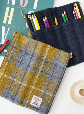 双拉链笔袋Harris tweed哈里斯粗花呢多功能笔袋文具袋钱包收纳包