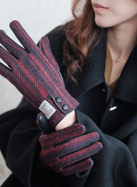 Harris tweed哈里斯粗花呢黑红条纹加厚保暖羊毛羊皮触屏开车手套