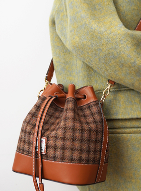 Harris tweed哈里斯粗花呢中古单肩手提斜挎包复古真皮抽绳水桶包
