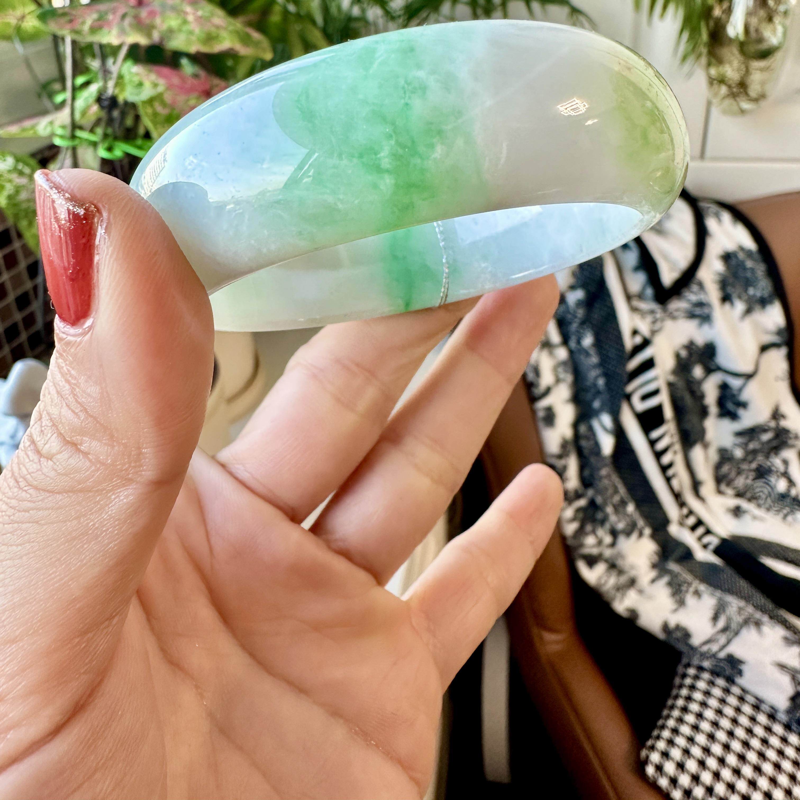 【璞谷翡翠】天然正品56.5冰种阳绿花宽条缅甸玉翡翠手镯a货4274